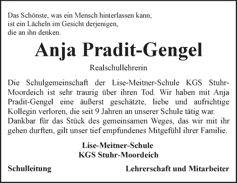  Traueranzeige für Anja Pradit-Gengel vom 20.03.2021 aus WESER-KURIER