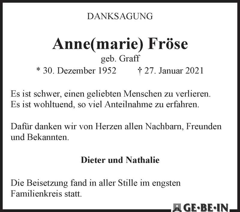 Traueranzeige von Anne(marie) Fröse von WESER-KURIER