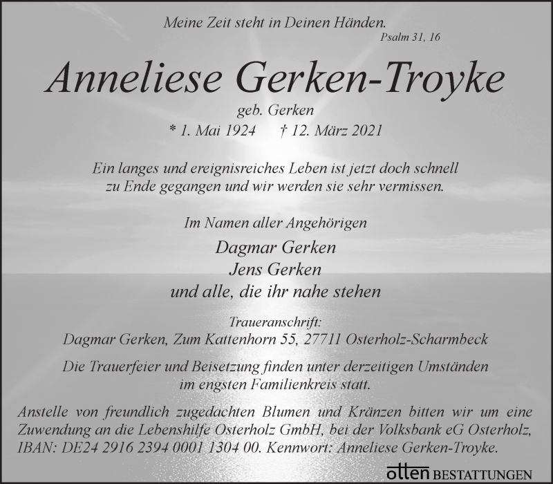  Traueranzeige für Anneliese Gerken-Troyke vom 16.03.2021 aus Osterholzer Kreisblatt