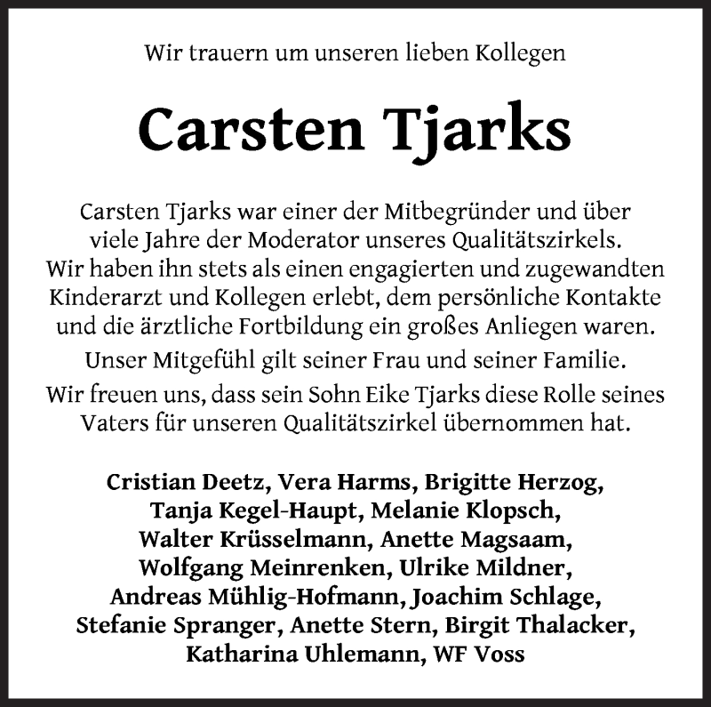  Traueranzeige für Carsten Tjarks vom 06.03.2021 aus WESER-KURIER