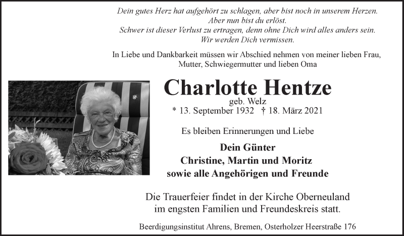 Traueranzeige von Charlotte Hentze von WESER-KURIER