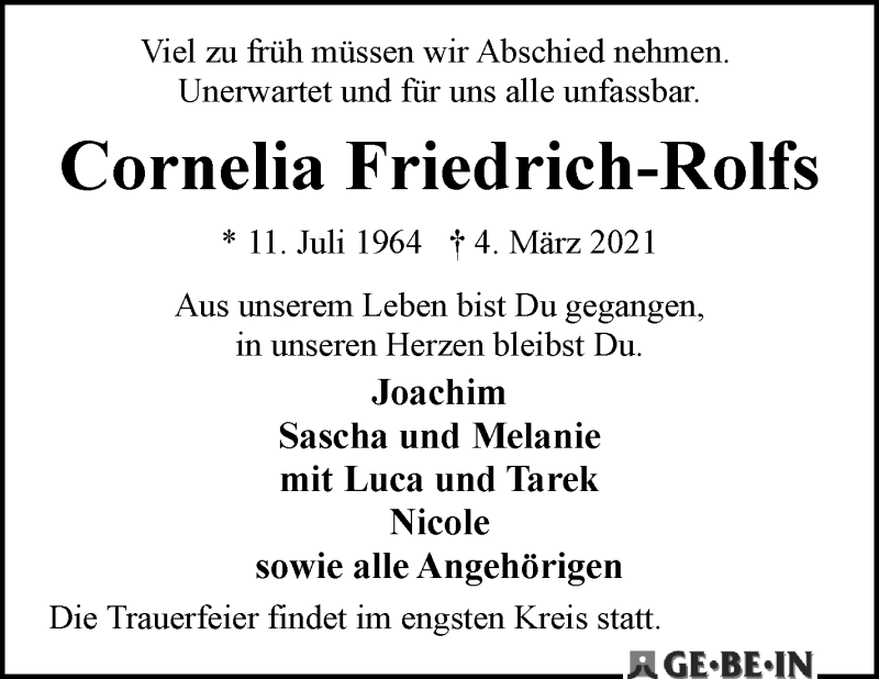  Traueranzeige für Cornelia Friedrich-Rolfs vom 13.03.2021 aus WESER-KURIER