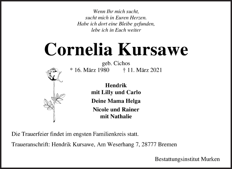  Traueranzeige für Cornelia Kursawe vom 13.03.2021 aus Osterholzer Kreisblatt