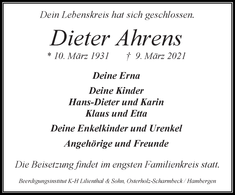 Traueranzeige von Dieter Ahrens von WESER-KURIER
