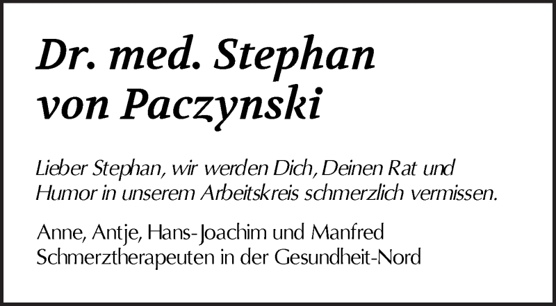Traueranzeige von Stephan von Paczynski von WESER-KURIER