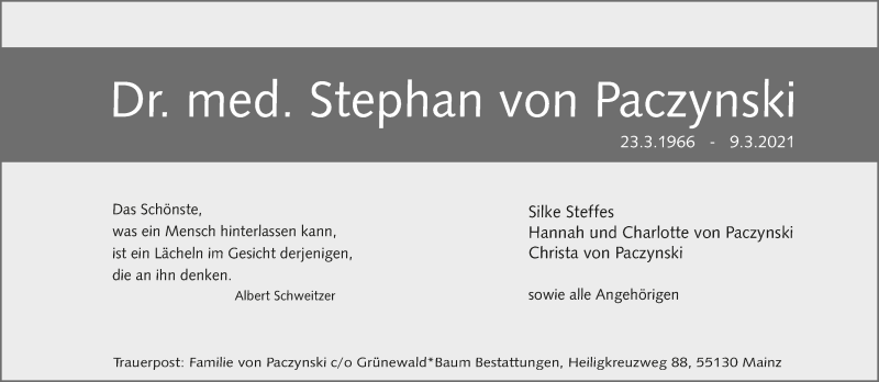 Traueranzeige von Stephan von Paczynski von WESER-KURIER