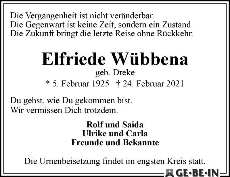 Traueranzeige von Elfriede Wübbena von WESER-KURIER