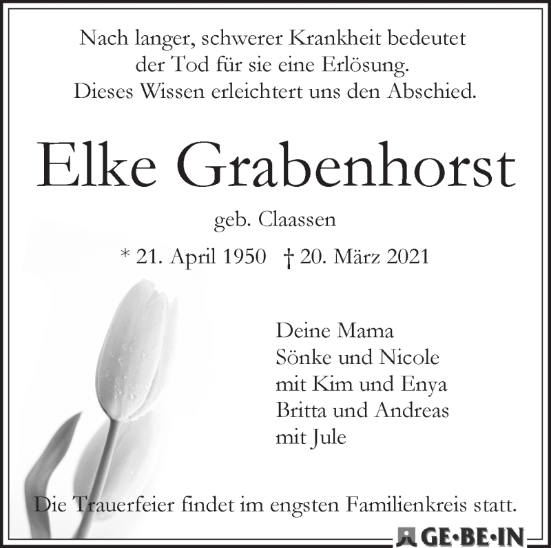 Traueranzeige von Elke Grabenhorst von WESER-KURIER