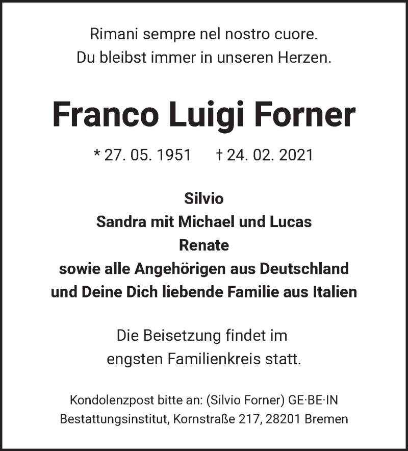  Traueranzeige für Franco Luigi Forner vom 06.03.2021 aus WESER-KURIER