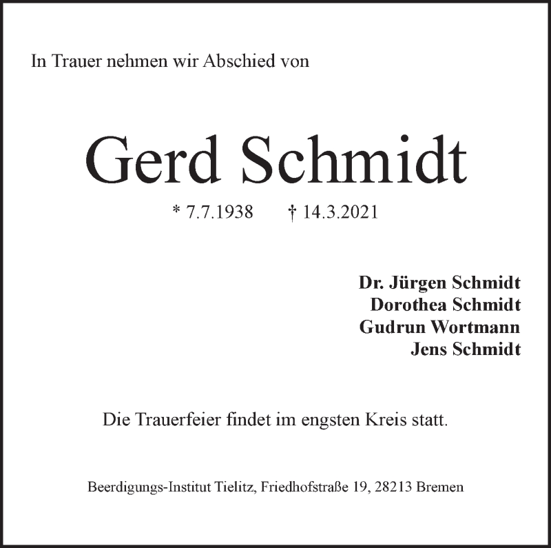 Traueranzeige von Gerd Schmidt von WESER-KURIER