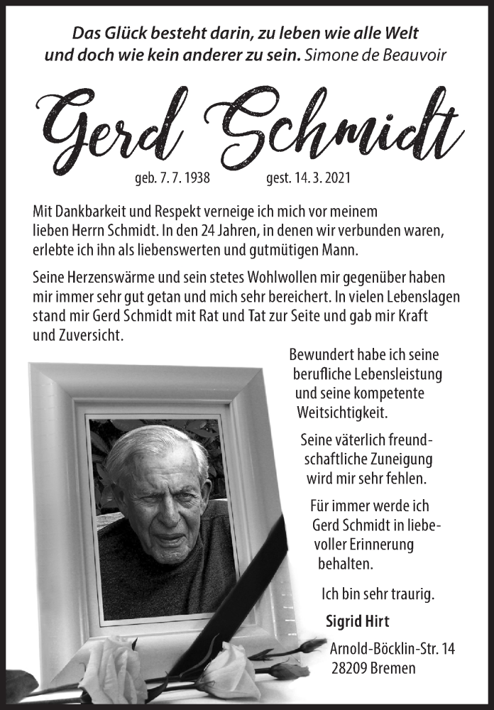 Traueranzeige von Gerd Schmidt von WESER-KURIER