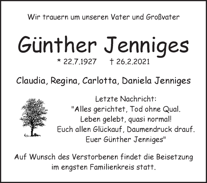 Traueranzeige von Günther Jenniges von WESER-KURIER