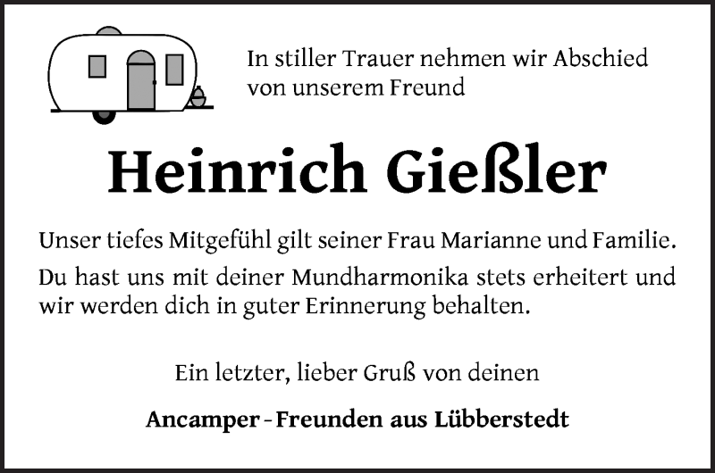 Traueranzeige von Heinrich Gießler von Osterholzer Kreisblatt