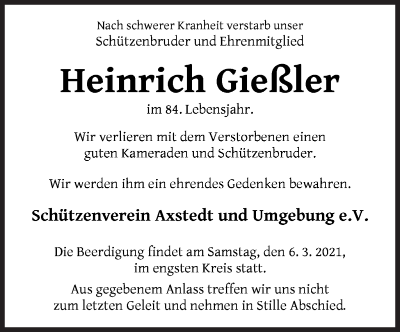 Traueranzeige von Heinrich Gießler von Osterholzer Kreisblatt