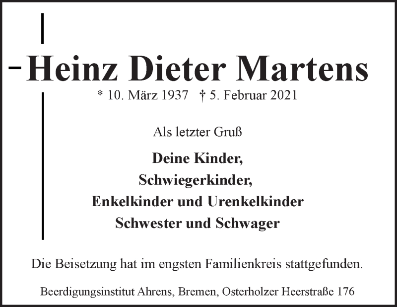 Traueranzeige von Heinz Dieter Martens von WESER-KURIER