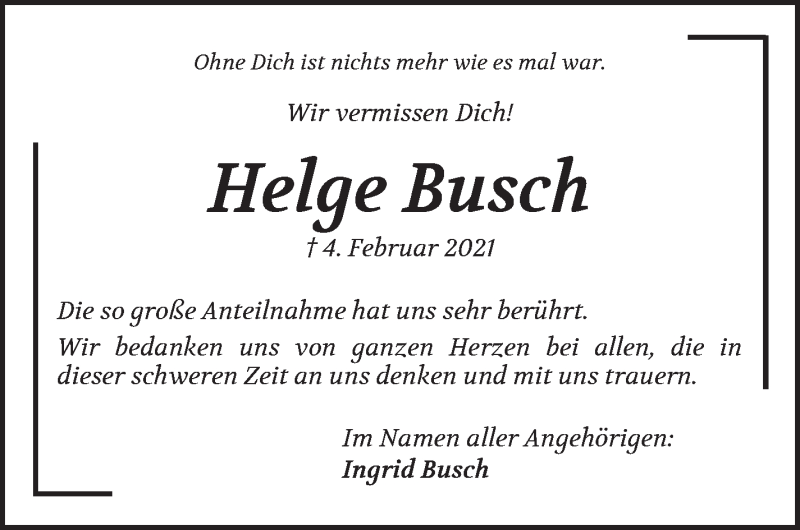  Traueranzeige für Helge Busch vom 06.03.2021 aus Die Norddeutsche
