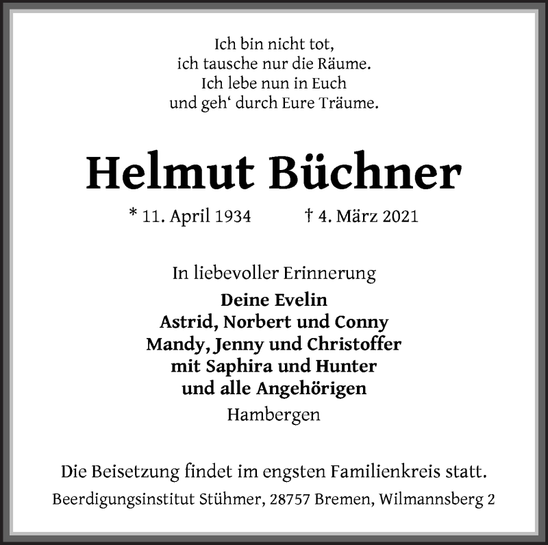 Traueranzeige von Helmut Büchner von Osterholzer Kreisblatt