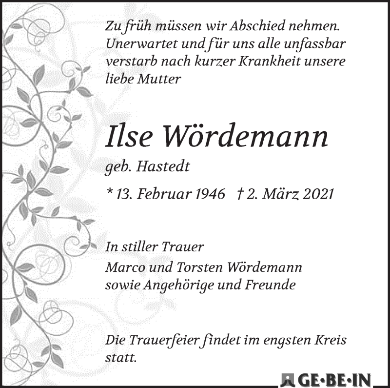 Traueranzeige von Ilse Wördemann von WESER-KURIER
