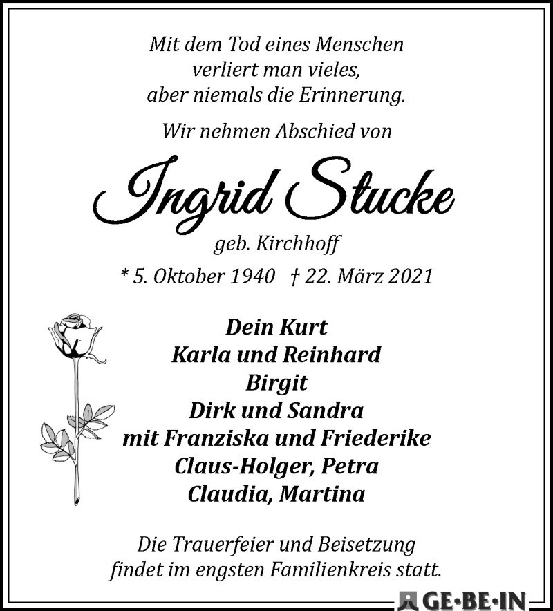 Traueranzeige von Ingrid Stucke von Die Norddeutsche