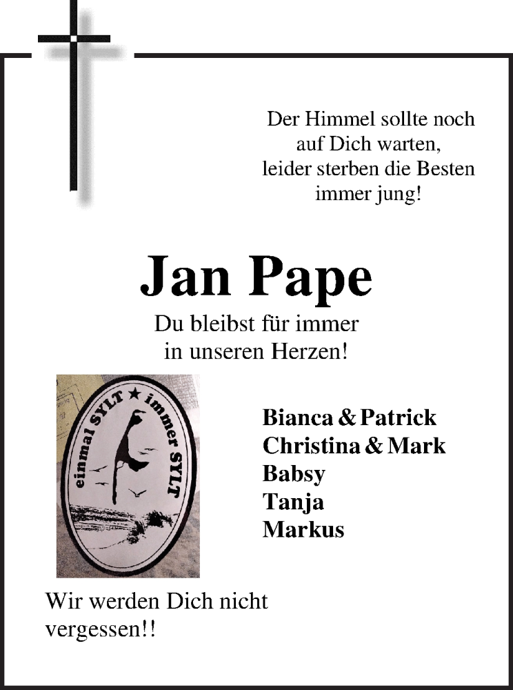  Traueranzeige für Jan Pape vom 06.03.2021 aus Osterholzer Kreisblatt
