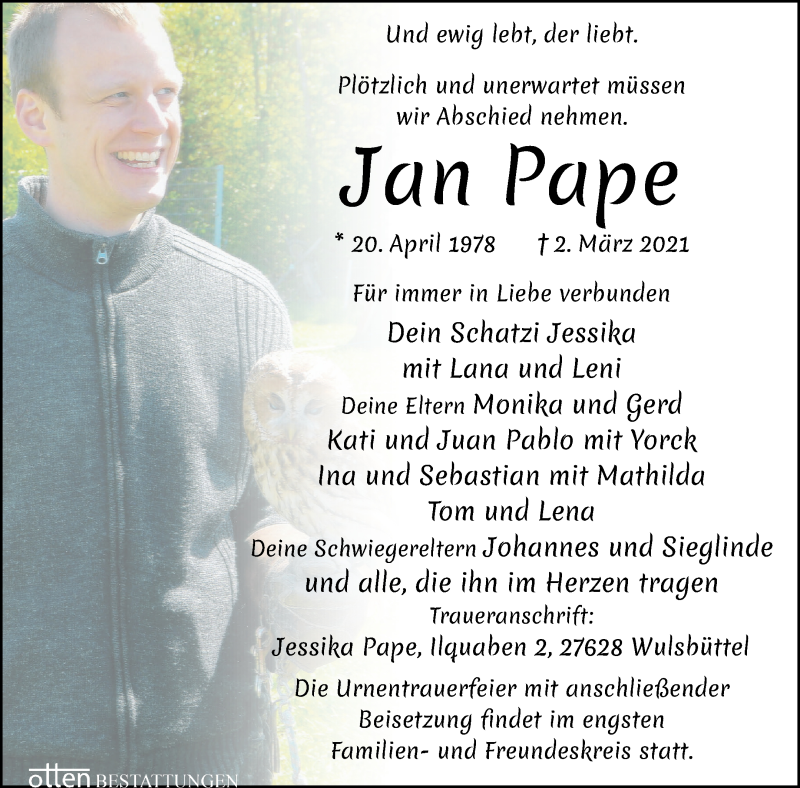  Traueranzeige für Jan Pape vom 05.03.2021 aus Osterholzer Kreisblatt