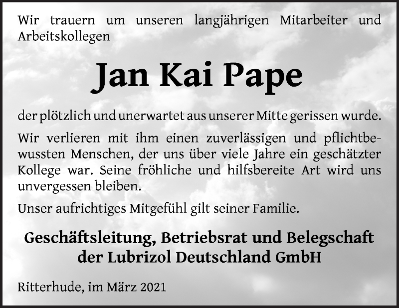  Traueranzeige für Jan Pape vom 10.03.2021 aus Osterholzer Kreisblatt