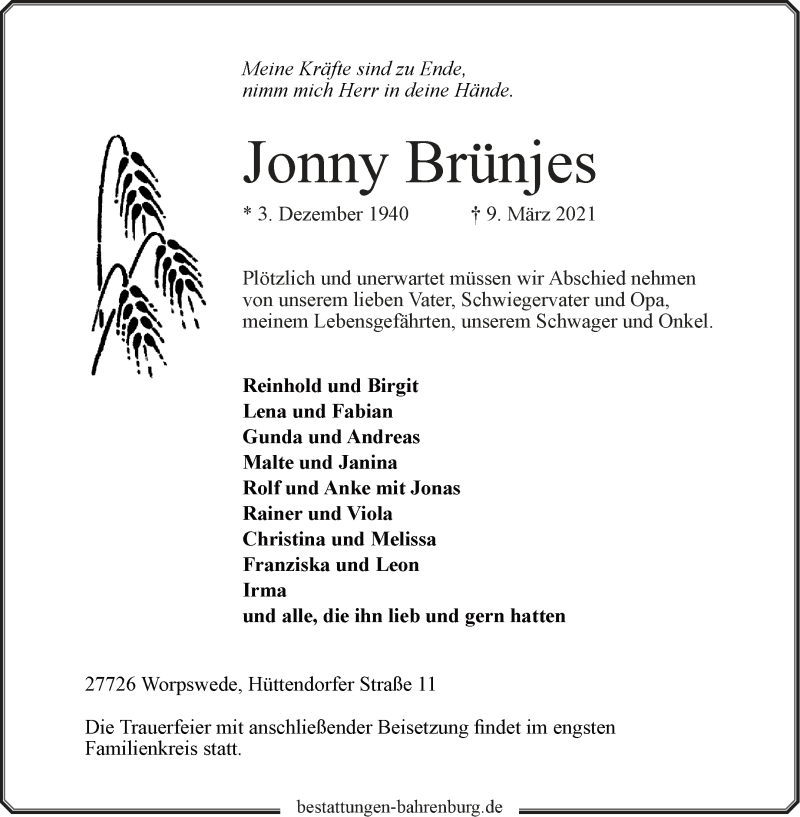 Traueranzeige von Jonny Brünjes von Wuemme Zeitung