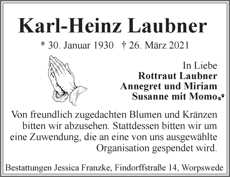  Traueranzeige für Karl-Heinz Laubner vom 31.03.2021 aus Wuemme Zeitung