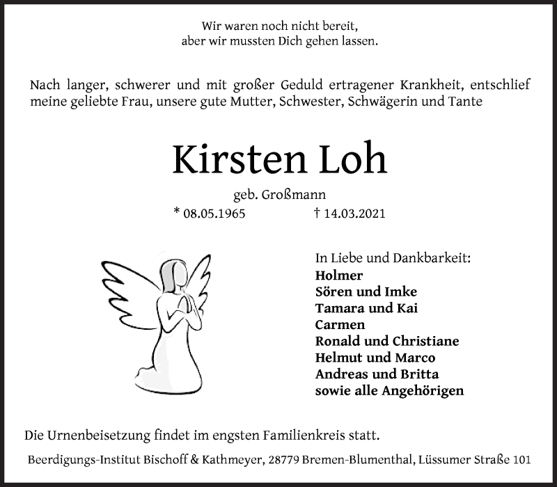  Traueranzeige für Kirsten Loh vom 17.03.2021 aus Die Norddeutsche