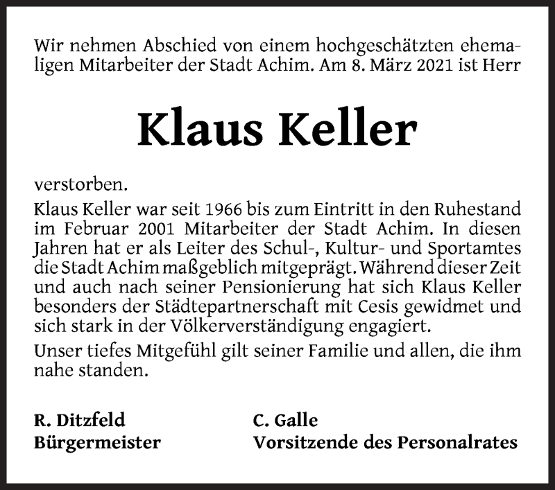 Traueranzeige von Klaus Keller von Achimer Kurier/Verdener Nachrichten