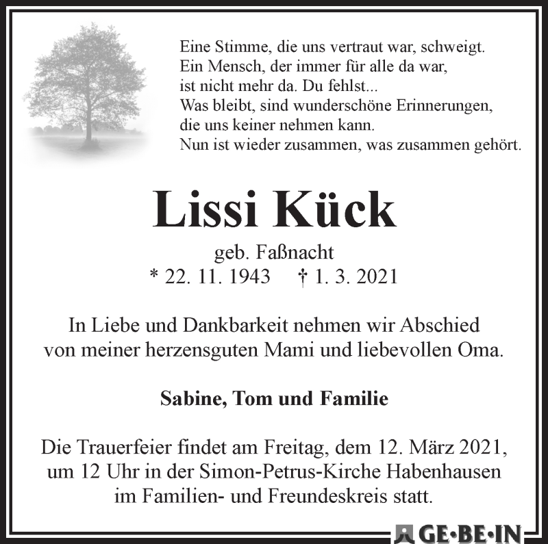  Traueranzeige für Lissi Kück vom 06.03.2021 aus WESER-KURIER