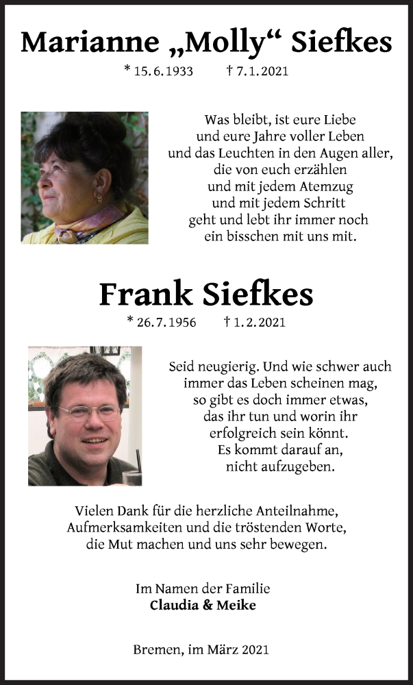 Traueranzeige von Marianne und Frank Siefkes von WESER-KURIER