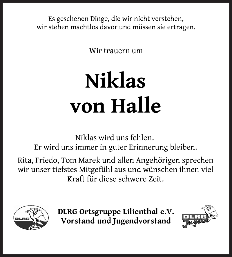  Traueranzeige für Niklas von Halle vom 20.03.2021 aus Wuemme Zeitung