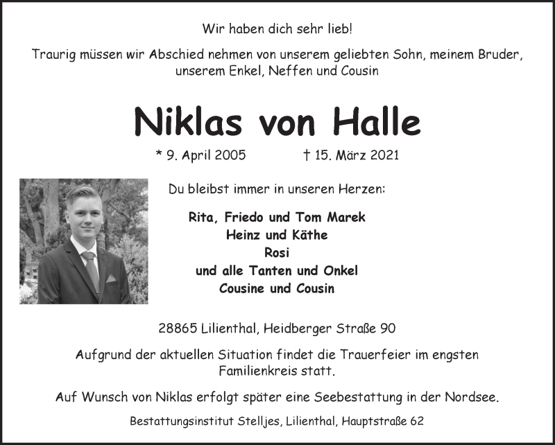  Traueranzeige für Niklas von Halle vom 20.03.2021 aus Wuemme Zeitung
