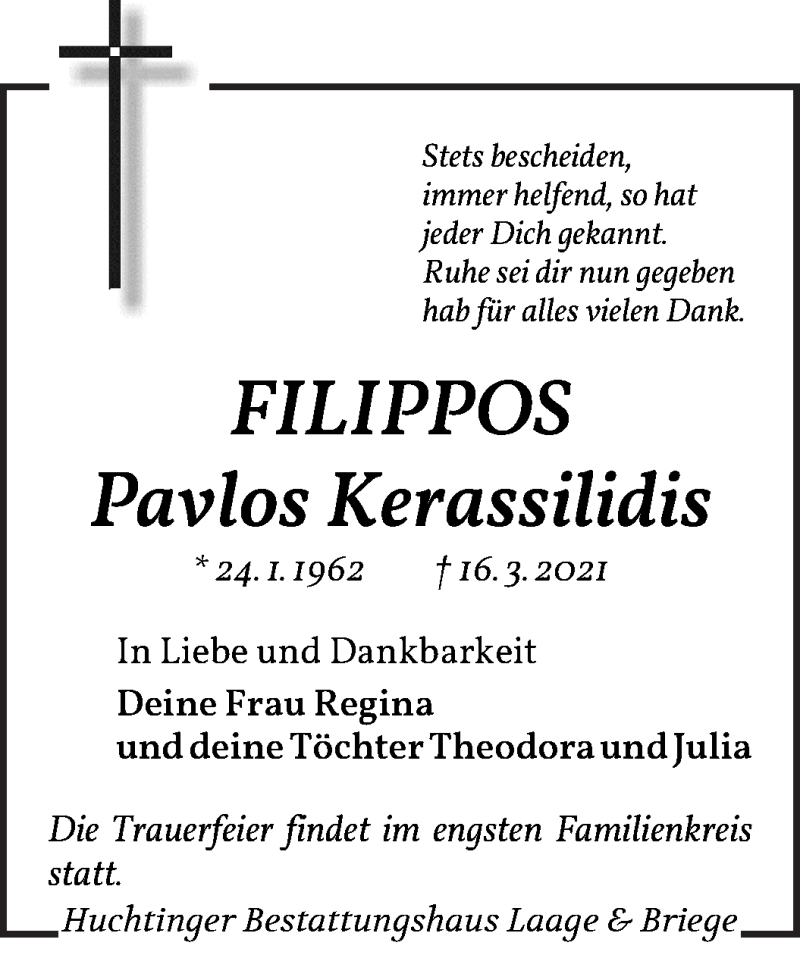  Traueranzeige für Pavlos Kerassilidis vom 27.03.2021 aus WESER-KURIER