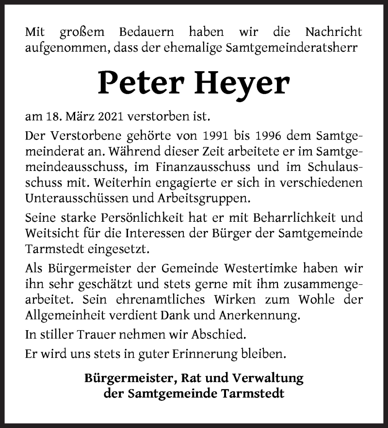 Traueranzeige von Peter Heyer von Wuemme Zeitung