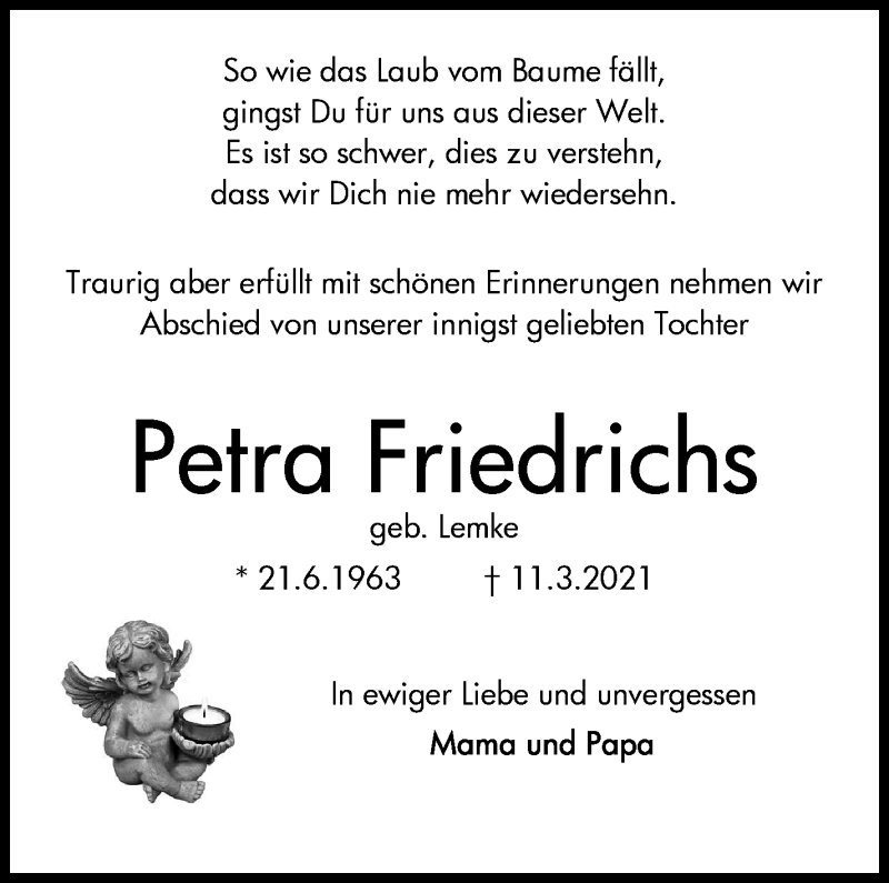 Traueranzeige von Petra Friedrichs von WESER-KURIER