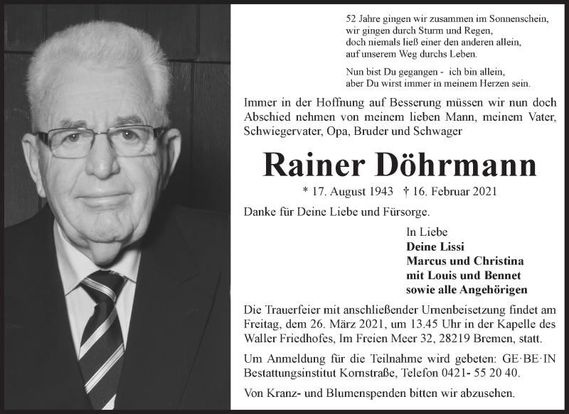 Traueranzeige von Rainer Döhrmann von WESER-KURIER