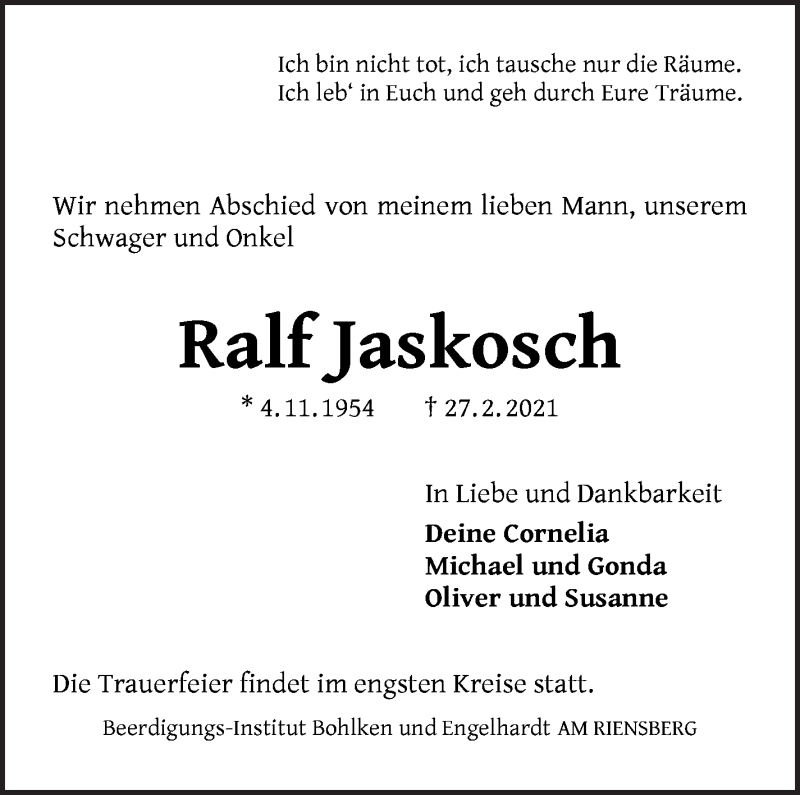 Traueranzeige von Ralf Jaskosch von WESER-KURIER