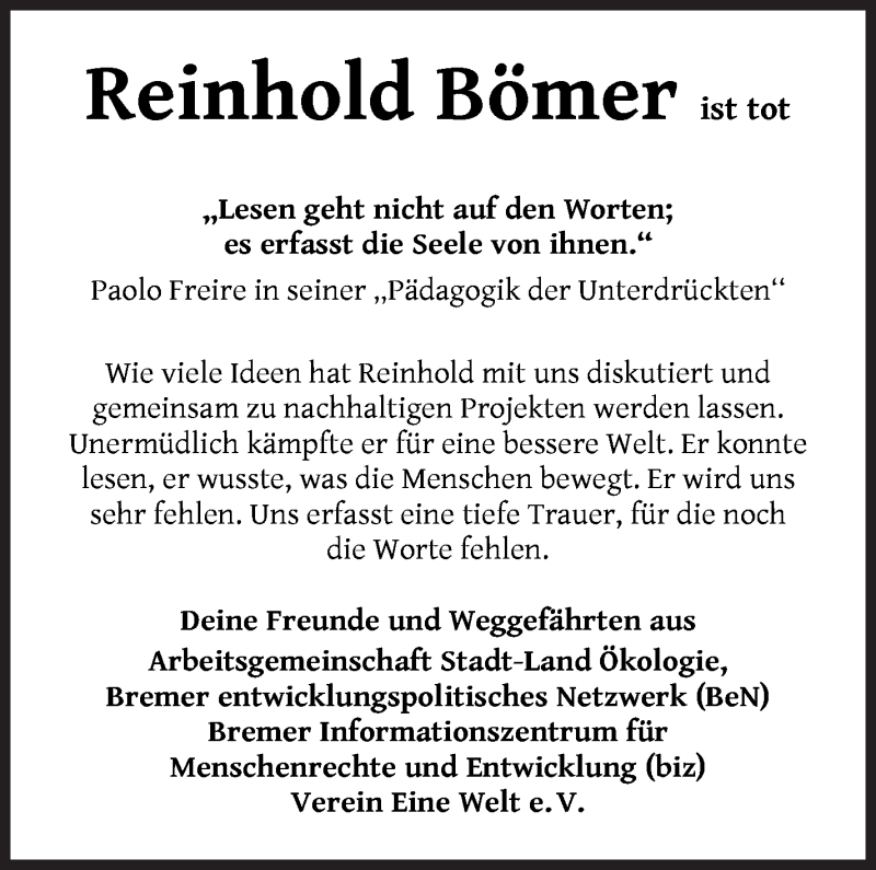 Traueranzeige von Reinhold Bömer von WESER-KURIER