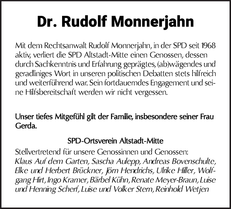 Traueranzeige von Rudolf Monnerjahn von WESER-KURIER