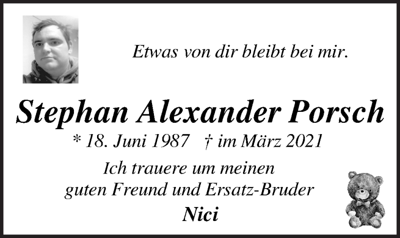  Traueranzeige für Stephan Alexander Porsch vom 27.03.2021 aus WESER-KURIER