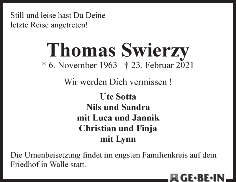 Traueranzeige von Thomas Swierzy von WESER-KURIER