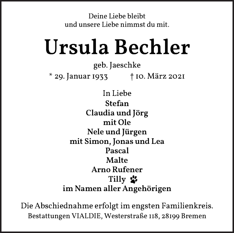  Traueranzeige für Ursula Bechler vom 13.03.2021 aus WESER-KURIER