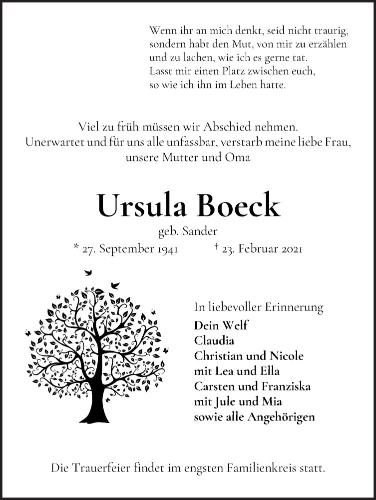 Traueranzeige von Ursula Boeck von WESER-KURIER
