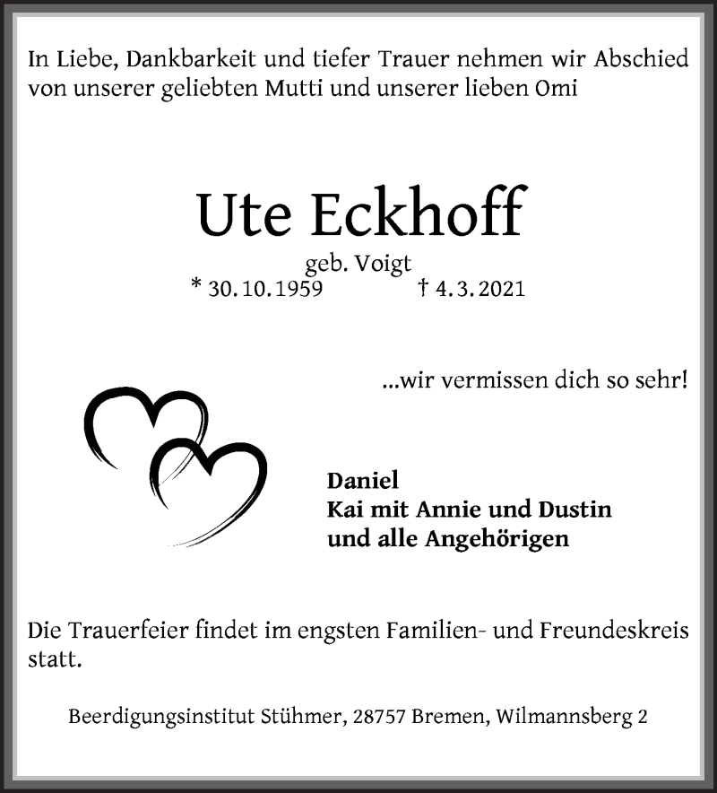  Traueranzeige für Ute Eckhoff vom 20.03.2021 aus Osterholzer Kreisblatt