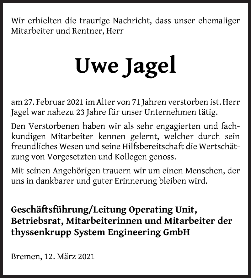 Traueranzeige von Uwe Jagel von Die Norddeutsche