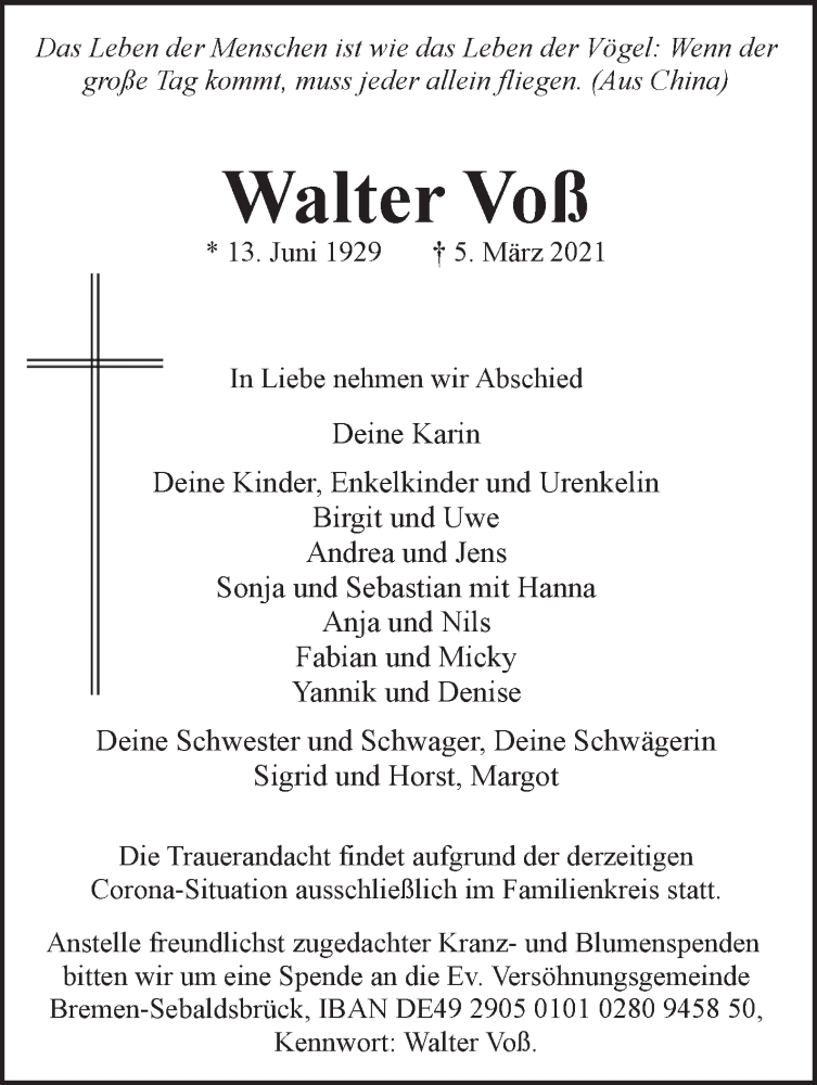 Traueranzeige von Walter Voß von WESER-KURIER