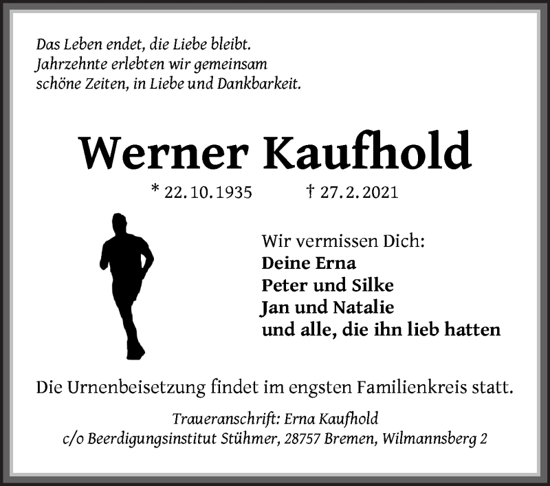 Traueranzeige von Werner Kaufhold von Die Norddeutsche