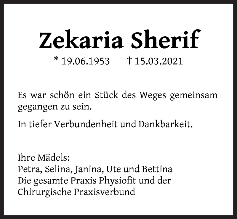  Traueranzeige für Zekaria Sherif vom 27.03.2021 aus WESER-KURIER